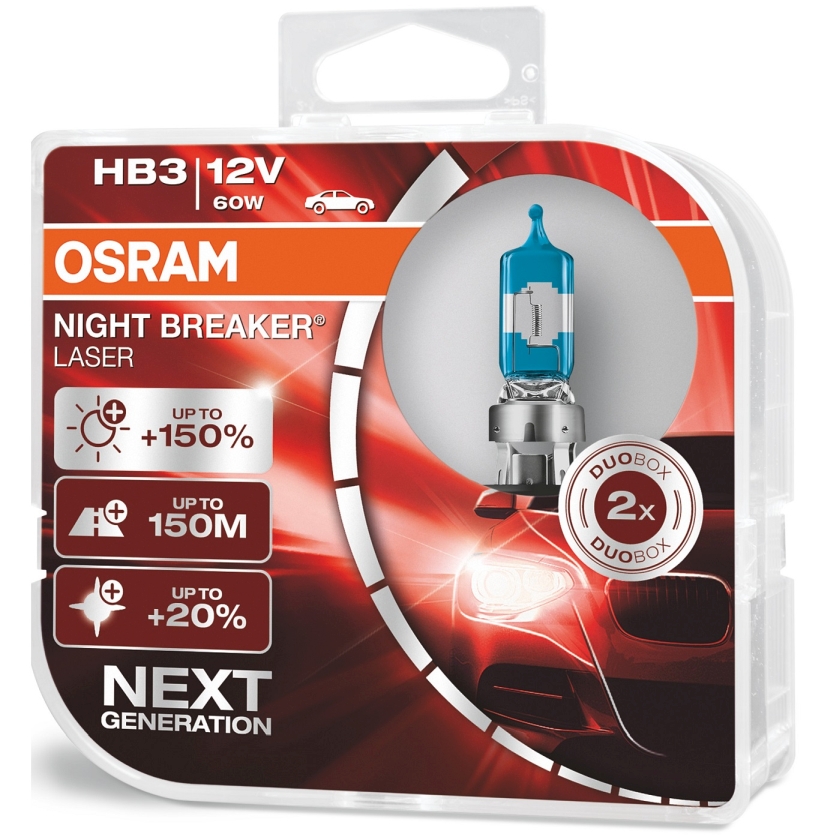 Becuri si sigurante auto - Set 2 Becuri auto halogen Osram HB3 Night Breaker Laser NEXT GENERATION +150%, 60W, 12V