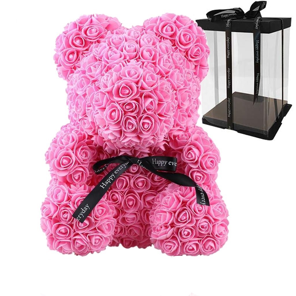 Aranjamente florale - Ursulet din flori trandafiri de spuma roz 25 cm + cutie