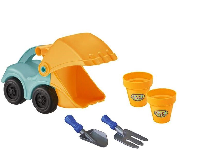 Jucarii pentru plaja si nisip - Set jucarii masinuta excavator + 4 accesorii pentru plaja si gradina