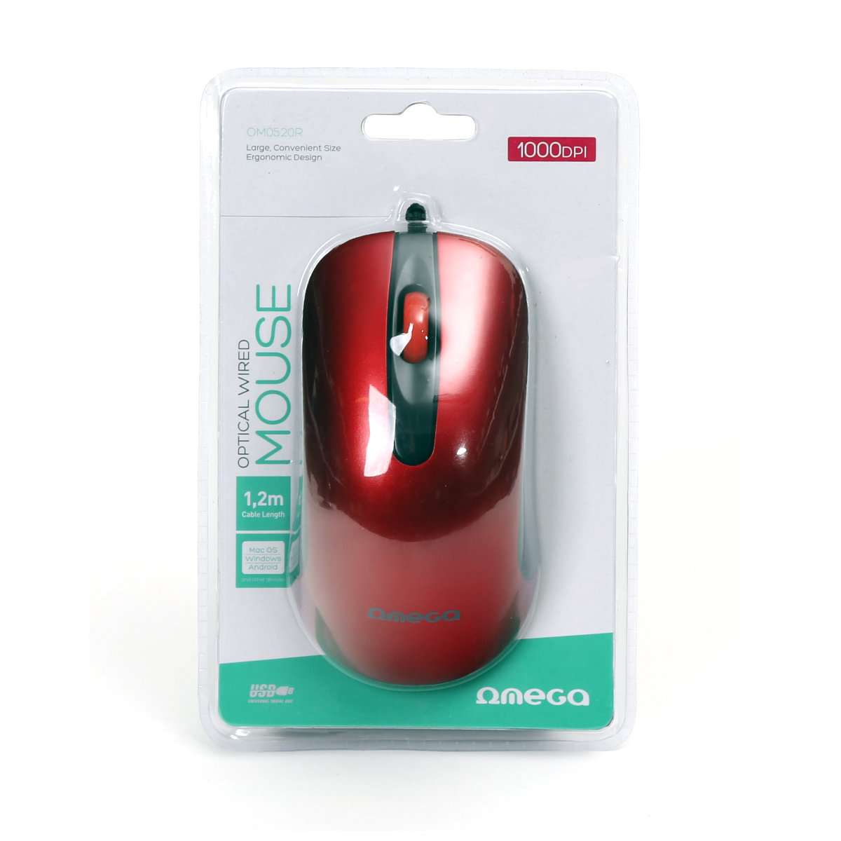 Produse EmagMarketplace - Mouse USB, Omega 45268 OM-520, cu cablu 1.2 m, 3 butoane, 1000 dpi, rosu cu negru