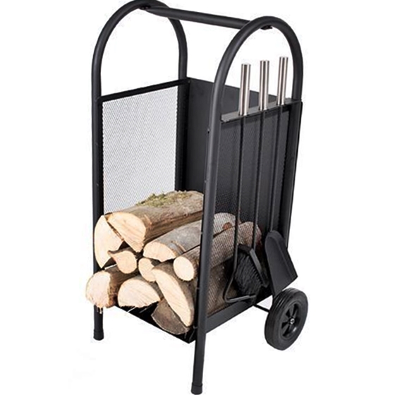 Accesorii sobe si seminee - Suport cu roti pentru lemne + 3 accesorii pentru sobe si seminee