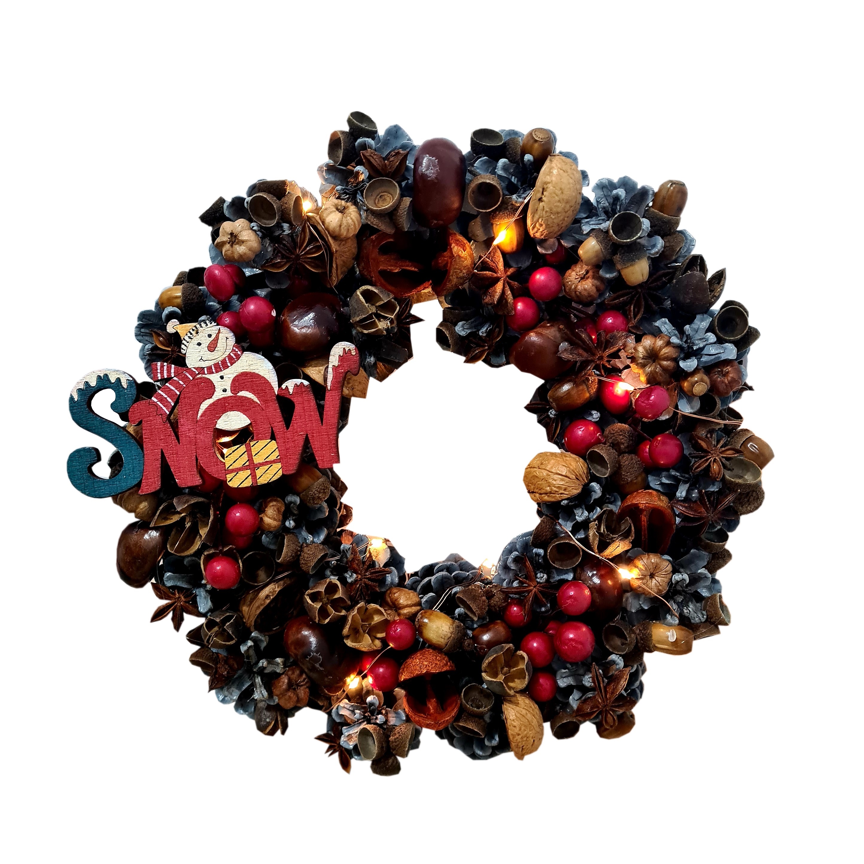 Fara categorie - Coronita de Craciun lucrata manual, Snowman’s Treasure, instalatie LED pe baterii, lumina calda, 30 cm