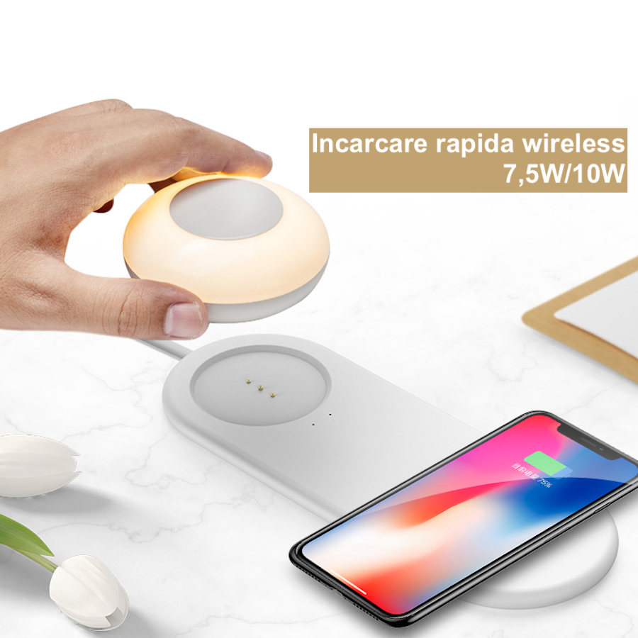 Veioza lampa de veghe LED 2in1 EVTrend®, cu incarcator Wireless Fast-Charge universal pentru telefoane iPhone sau Android, lumina calda, magnet, carlig de agatare, Alb