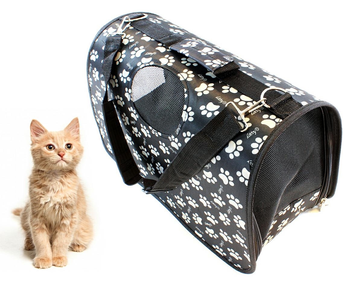 Geanta transport caini sau pisici 45x20x27 cm, pliabila, negru cu imprimeu labute bej [1]