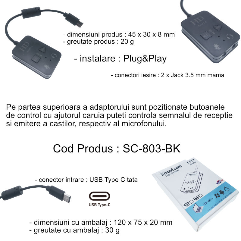 message Pinpoint Australia Placa de sunet USB Tip C, Virtual 7.1 Channel, cu iesire 2 x Jack 3.5mm  mama, butoane de comanda, indicatori Led, neagra - eMAG.ro