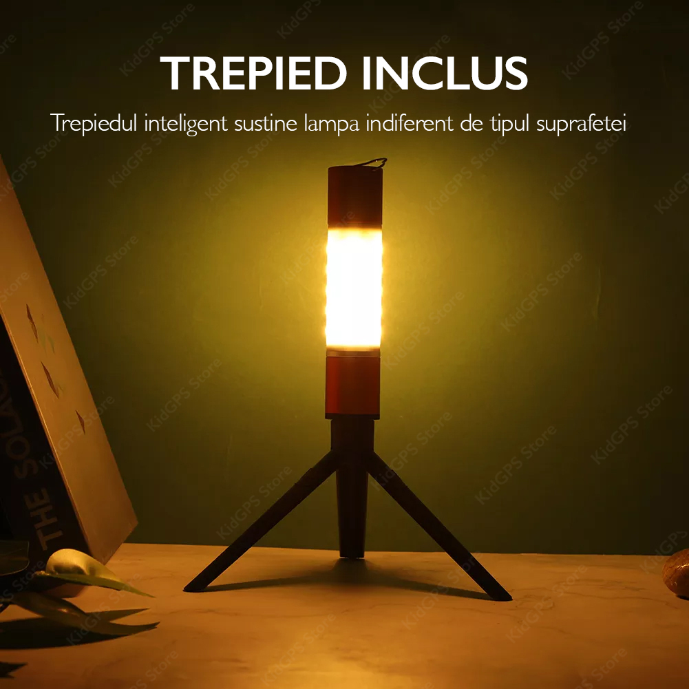 Lanterna camping LED Techone Tower lumina rece si calda, trepied, functie lanterna, agatatoare, negru