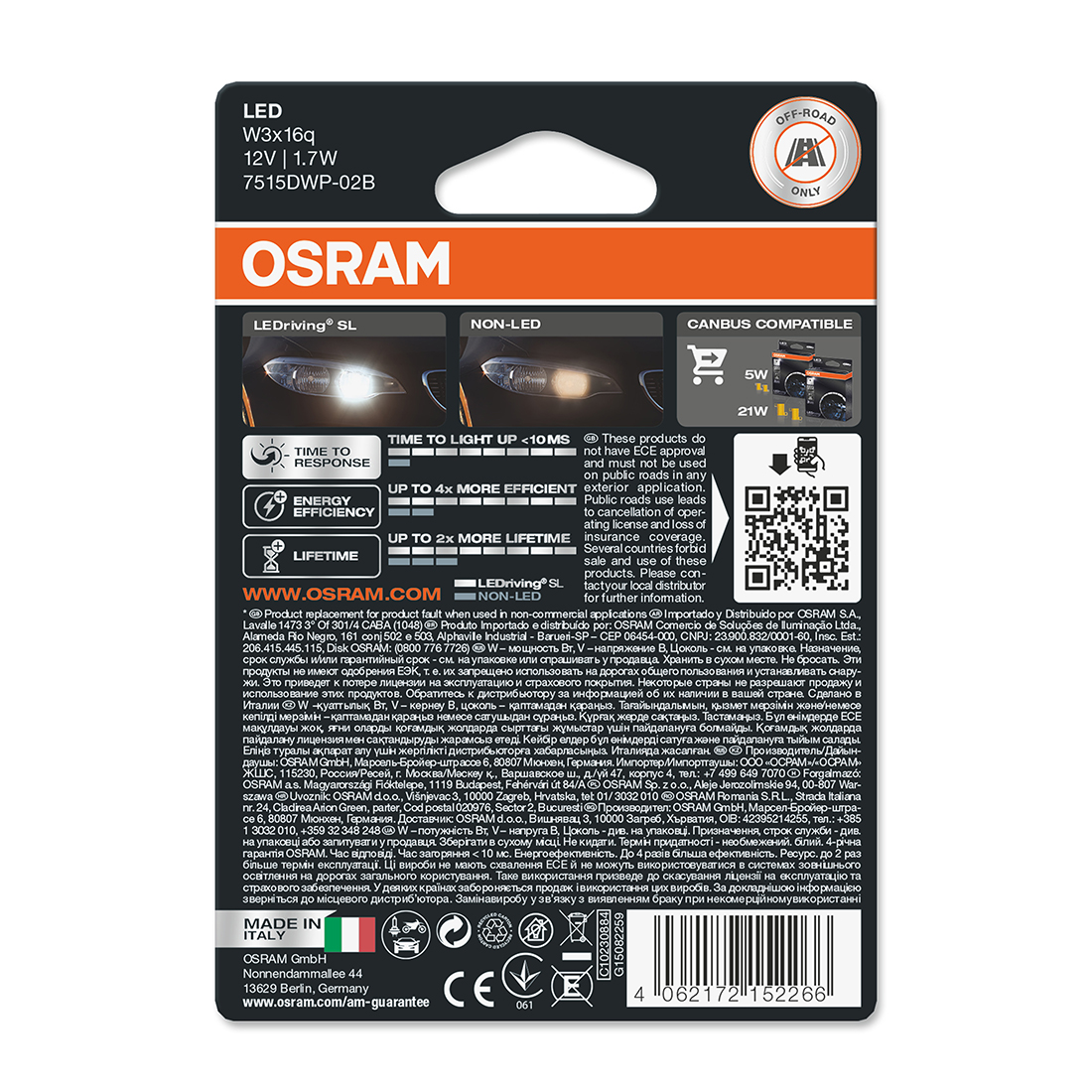 Becuri si sigurante auto - Set 2 becuri led auto pozitie/stop frana W21/5W Osram LEDriving SL, 2.7W, 12V, culoare alb