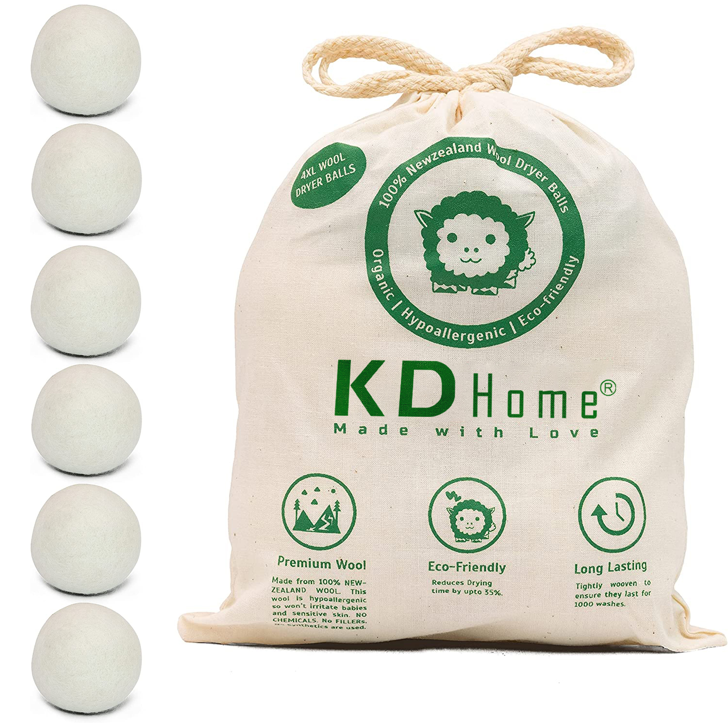 Set 6 Bile XL pentru uscator KD Home®, lana 100% naturala Noua Zeelanda, reutilizabile, reduc cutele, saculet depozitare, anti-electrizare, Alb