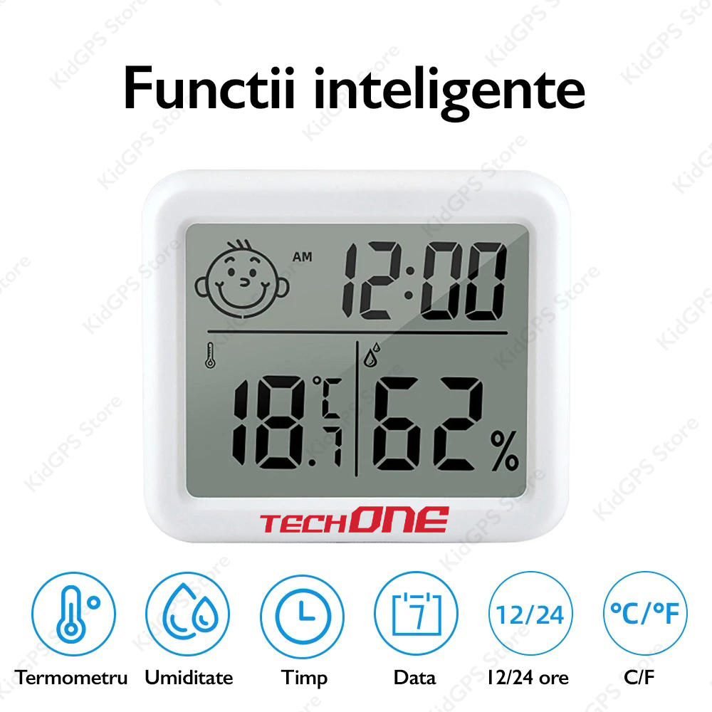 Termometru si higrometru de camera Techone® CX-0813, indicator comfort, citire 10s, afisare ceas si data, umiditate, gama profesionala, suport agatare sau stand, compact, alb