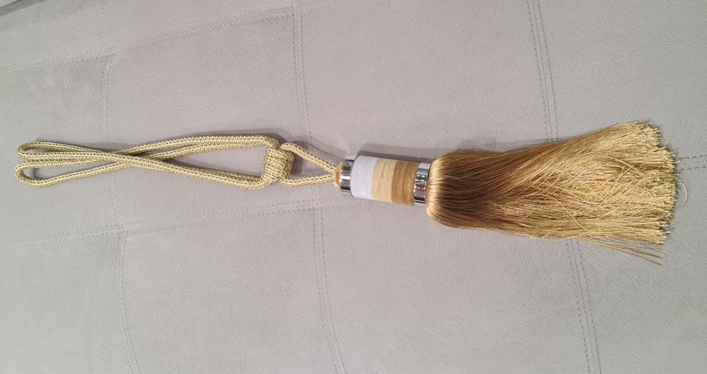 Canaf Gold, ciucure decorativ cu snur pentru perdele si draperii, galben, alb si crem, in degrade, 80 cm