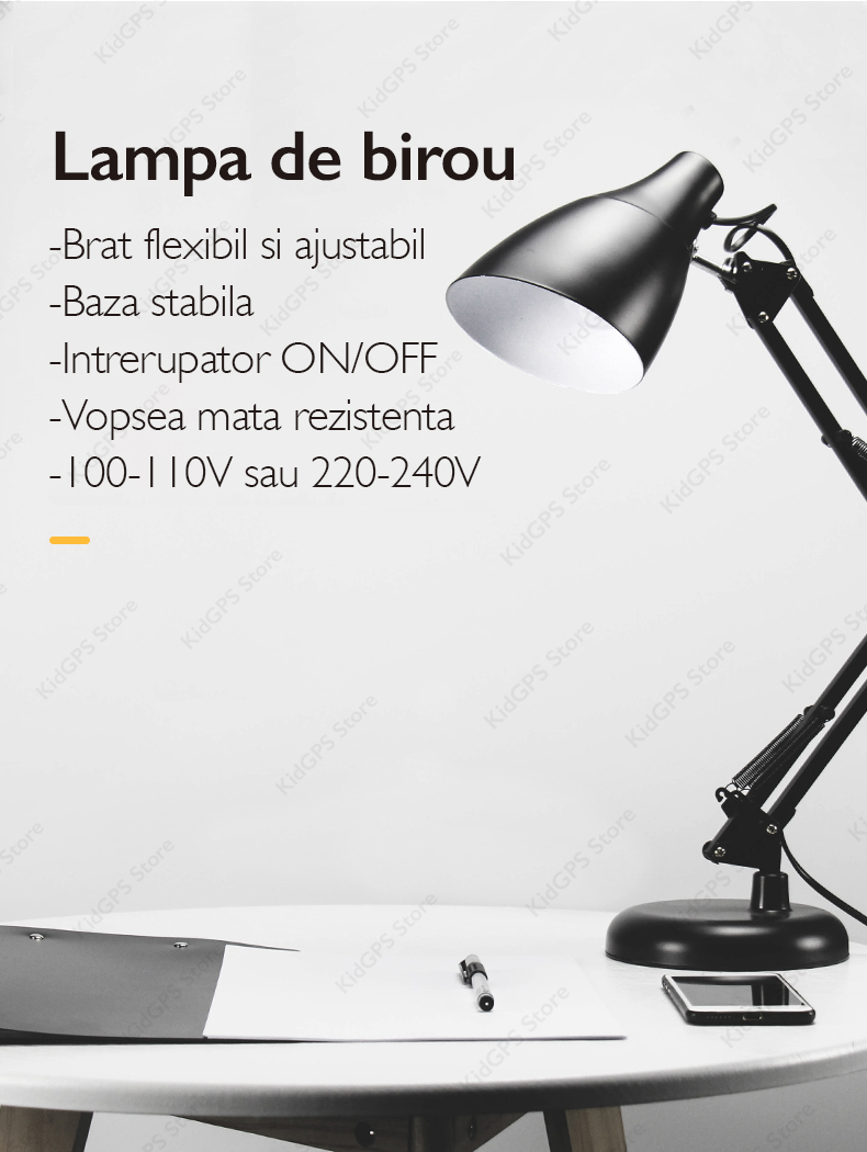 Lampa de birou Huerler® Mini Arhitect, E27, intrerupator, inaltime ajustabila, flexibila, protectie ochi, baza stabila, negru