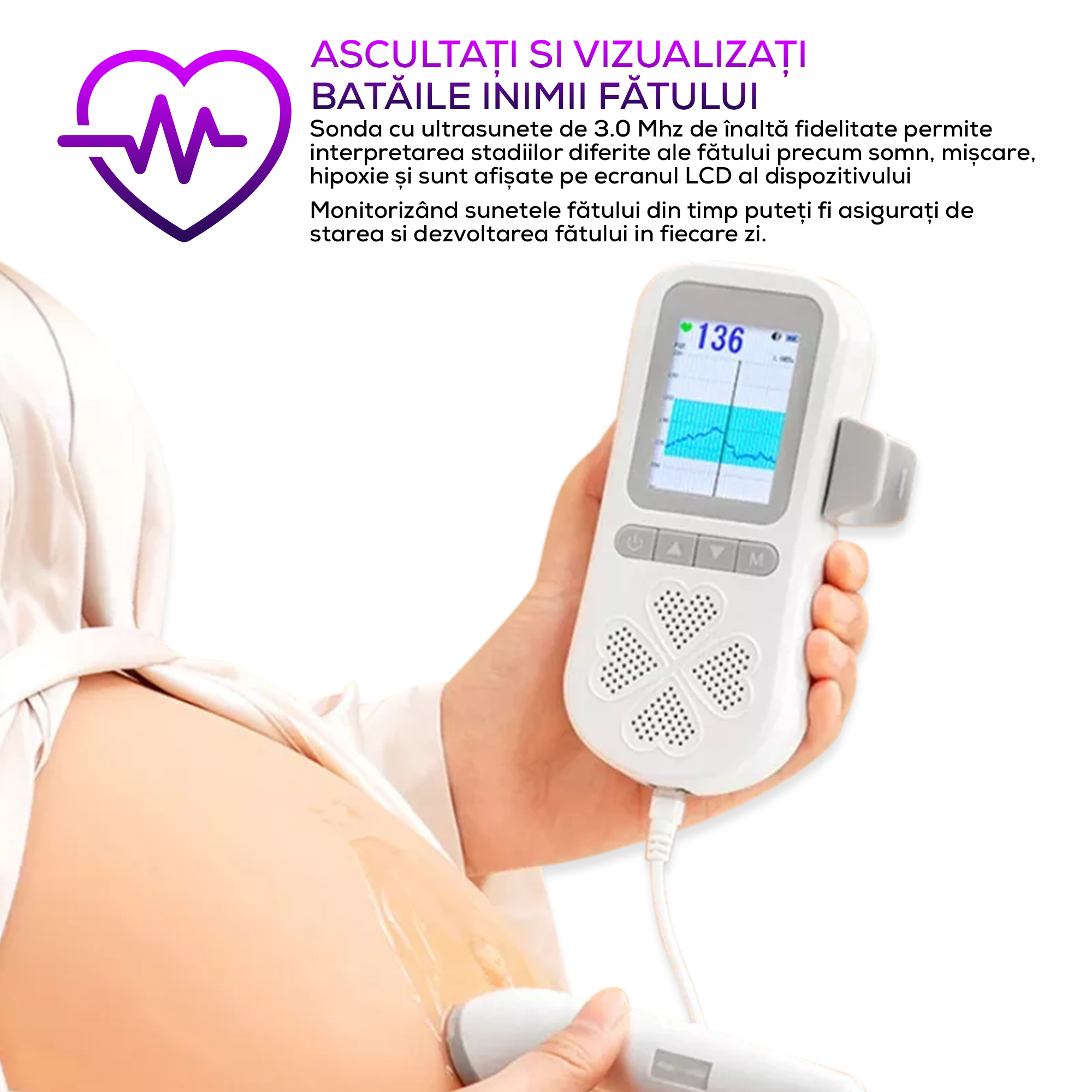 Monitor Fetal Doppler Pentru Gravide, Vixev, Monitorizare Functii Vitale Fat, Intrauterin, Ecran Color LCD, Detectarea Batailor Inimii, Detectare Puls bebelus, Alb/Gri -