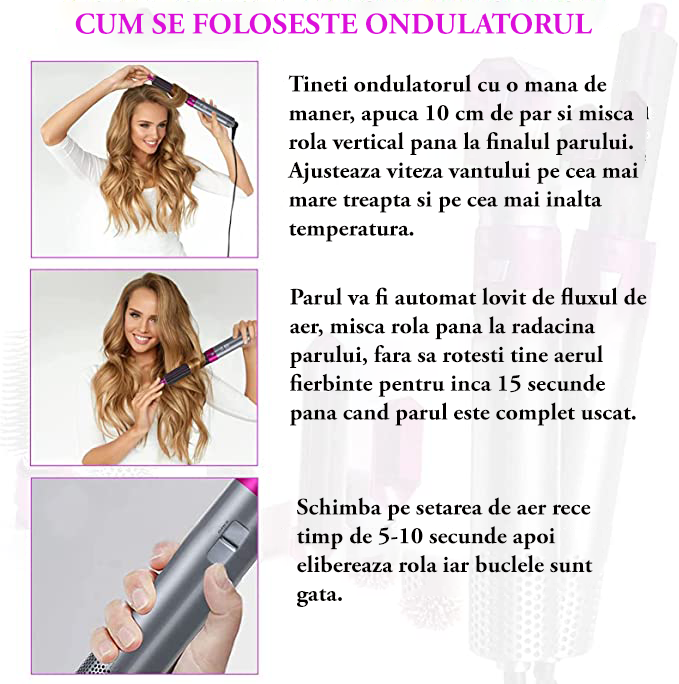 Perie de Par 5 in 1, At Performance - Multifunctionala, 5 Accesorii pentru , Usuca, Indreapta si Onduleaza Parul, 3 Trepte de Temperatura, Gri/Fuchsia - Aparate & Accesorii ingrijire personala - atMag.ro