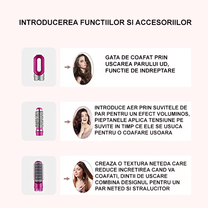 Perie de Par 5 in 1, At Performance - Multifunctionala, 5 Accesorii pentru , Usuca, Indreapta si Onduleaza Parul, 3 Trepte de Temperatura, Gri/Fuchsia - Aparate & Accesorii ingrijire personala - atMag.ro