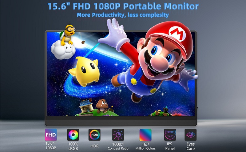 Monitor portabil LED, ULTIVON, IPS, 15.6'', FHD, Difuzor incorporat, USB-C/HDMI 