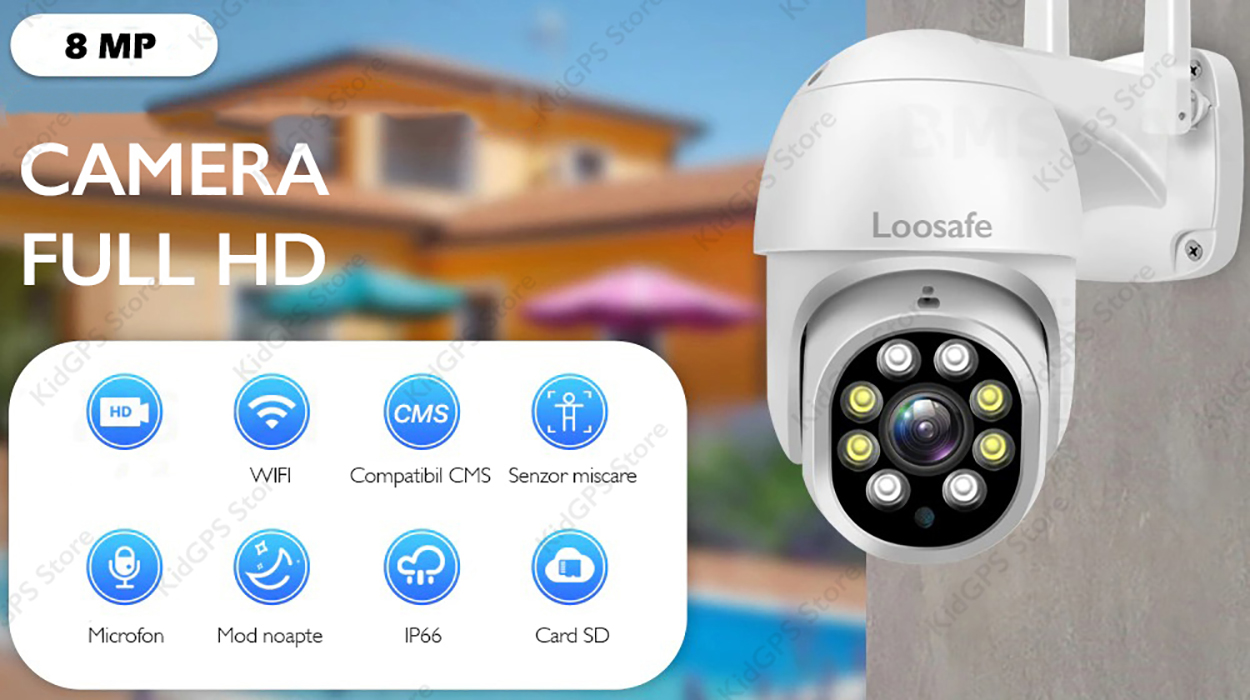 Camera de supraveghere WIFI Loosafe® 80XP Max, 8MP, exterior/interior, Ultra HD 4K, 4X zoom, rotire, leduri lumina, comunicare bidirectionala, stocare card/cloud, senzor miscare, Alb
