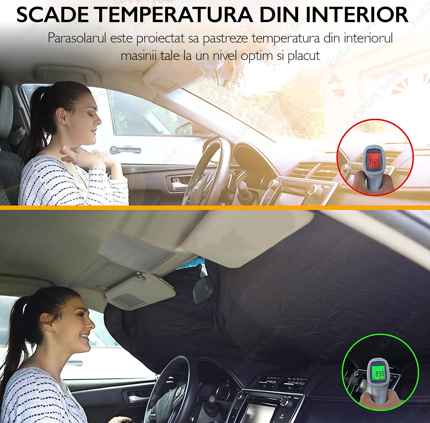 Parasolar auto ThermoPro® Sun Master, blocare 99.87% raze UVB si 99.08% raze UVA, SPF 100, pliabil, material 240T, saculet depozitare, argintiu