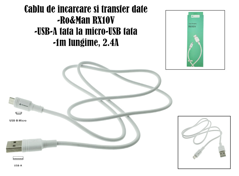 Frenzy calculator Barter Cablu de incarcare si transfer date, USB-A tata la micro-USB tata, Ro&Man  RX10V 58042, 1m, 2.4A, alb - eMAG.ro