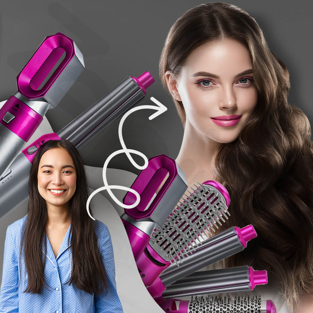 Perie de Par 5 in 1, At Performance - Multifunctionala, 5 Accesorii pentru , Usuca, Indreapta si Onduleaza Parul, 3 Trepte de Temperatura, Gri/Fuchsia - Aparate & Accesorii ingrijire personala - atMag.ro
