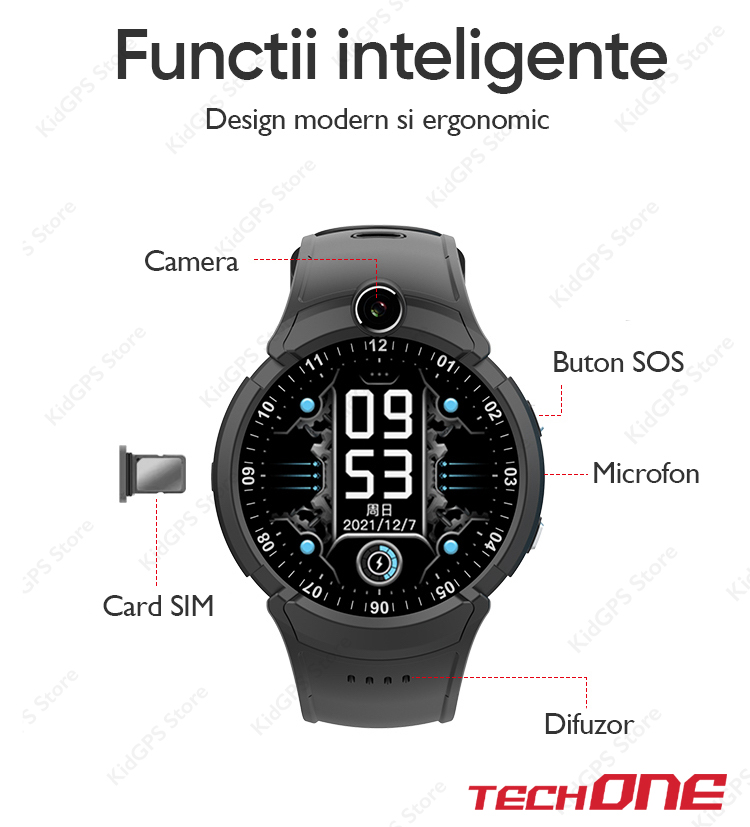 Ceas smartwatch GPS copii Techone™ CT05, Ecran IPS, 4G, apel video, camera HD, Wi-Fi, rezistent la apa IP67, telefon, bluetooth, SOS, touchscreen, monitorizare spion, Roz