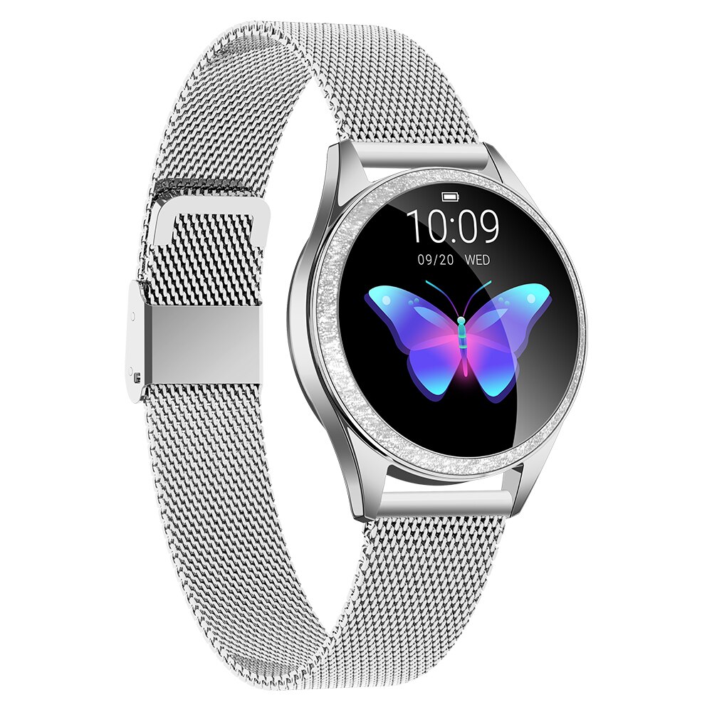 Ceas smartwatch TechONE® KW20, pentru femei, multi sport, ritm cardiac, oxigen, ovulatie, rezistent la apa IP67, notificari, vibratii, bratara metalica, argintiu