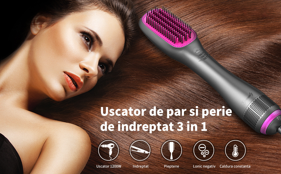 Perie de indreptat parul, AT PERFORMANCE®, 3 trepte de temperatura 60-180°C, functii de incalzire si indreptare, invelis ceramic, Purpuriu gri. - Aparate & Accesorii ingrijire personala - atMag.ro