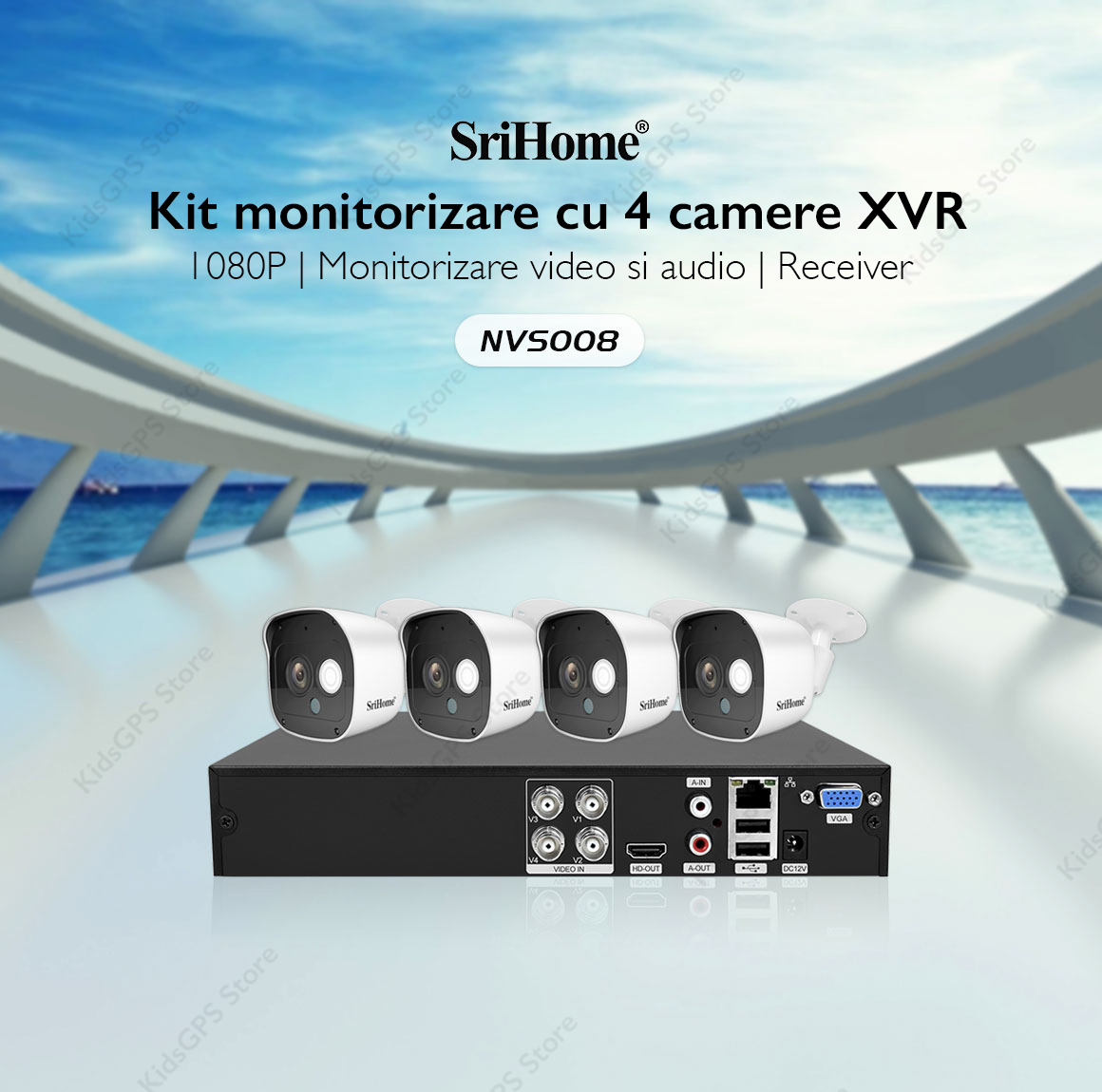 Kit supraveghere video 4 camere SriHome™ NVS008, cu cablu 20m, Full HD, rezistent la apa, inreigstrare video/audio, NVR, functie repeator, night vision, H.265, aplicatie, alb