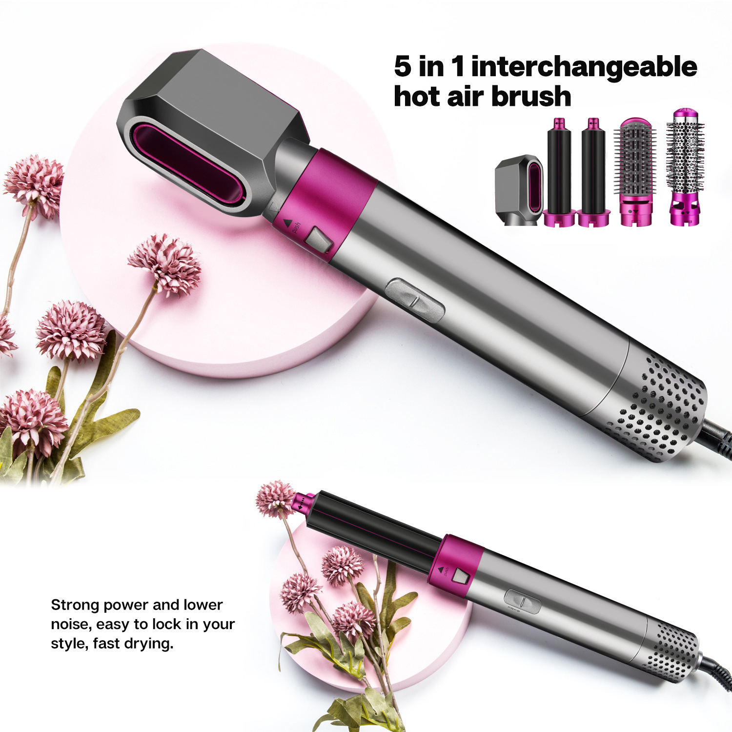 Perie de Par 5 in 1, At Performance - Multifunctionala, 5 Accesorii pentru , Usuca, Indreapta si Onduleaza Parul, 3 Trepte de Temperatura, Gri/Fuchsia - Aparate & Accesorii ingrijire personala - atMag.ro