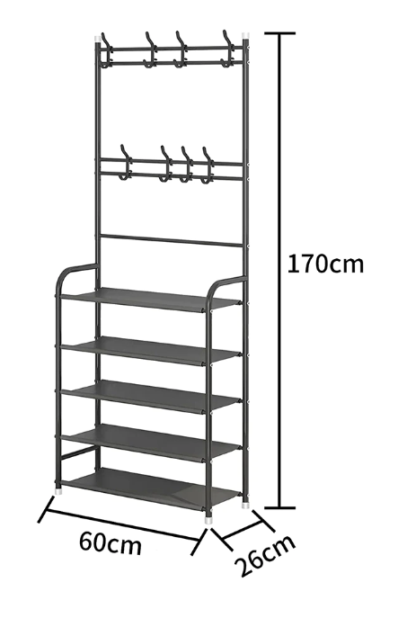 Cuier cu pantofar, Metalic, cu 5 rafturi, Agatatori, AT PERFORMANCE®, Negru - Mobila Hol - atMag.ro