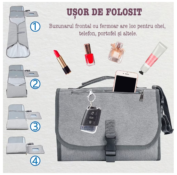 Saltea Pentru Infasat Portabila, Tip Geanta, At Performance, Impermeabila, Multifunctionala, Pliabila, Compartimentata, Sistem Prindere Carucior, 118 x 58 cm, gri - Igiena si ingrijire - atMag.ro
