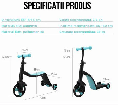 Tricicleta, 3 In 1, Pentru Copii, AT Performance, Cadru Otel, Ghidon Reglabil, Pedale Detasabile, Compartiment Depozitare, Sarcina maxima 25Kg, Negru/Albastru - Triciclete - atMag.ro