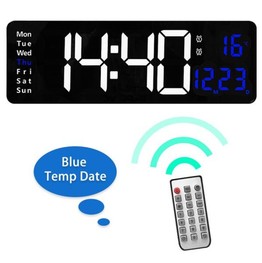 Ceas Digital de Perete, AT PERFORMANCE®, Cu Telecomanda, Termometru, Calendar, Temporizator, Alarma Dubla, Alimentare, Cablu/Baterie, Luminozitate Ajustabila, Led, Albastru. - Ceasuri decorative - atMag.ro