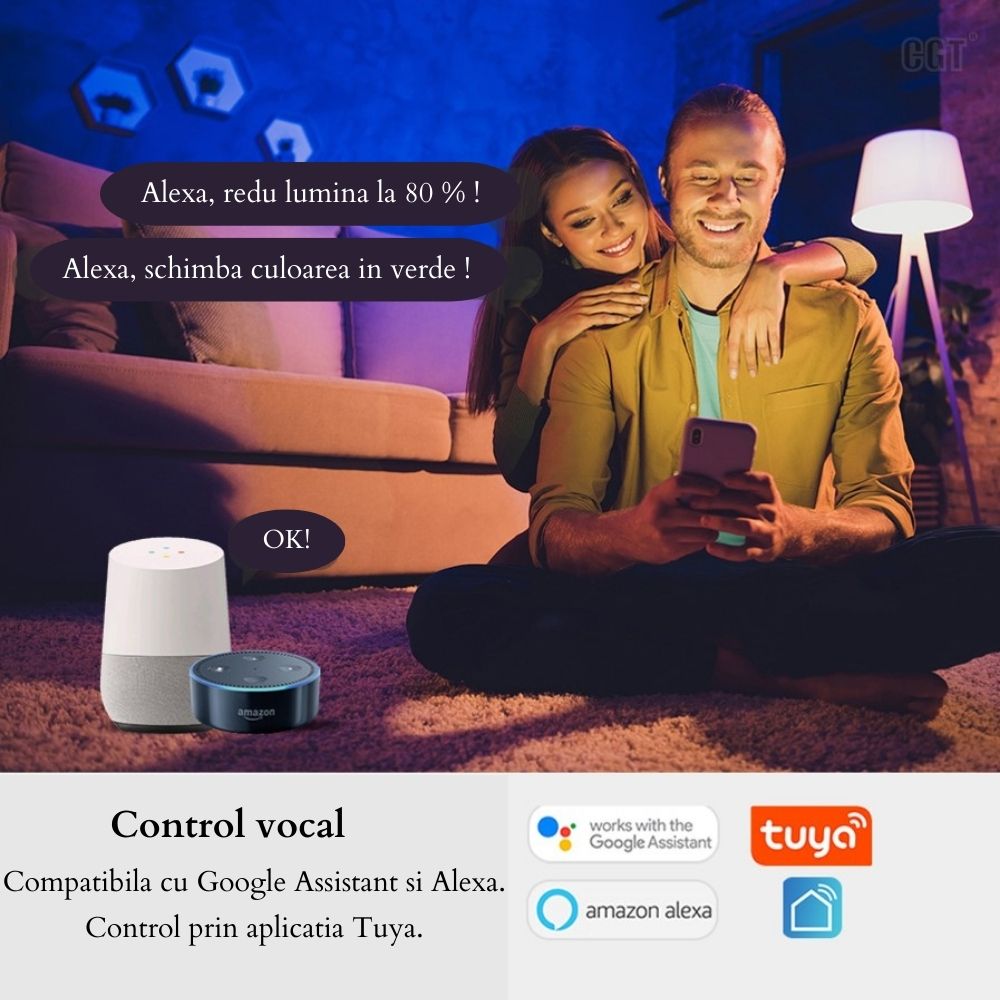 Plafoniera LED inteligenta 24 W, 2200 lm, cu telecomanda, control prin  aplicatia Tuya, compatibila cu Google Assistant si Alexa, temperatura  lumina si