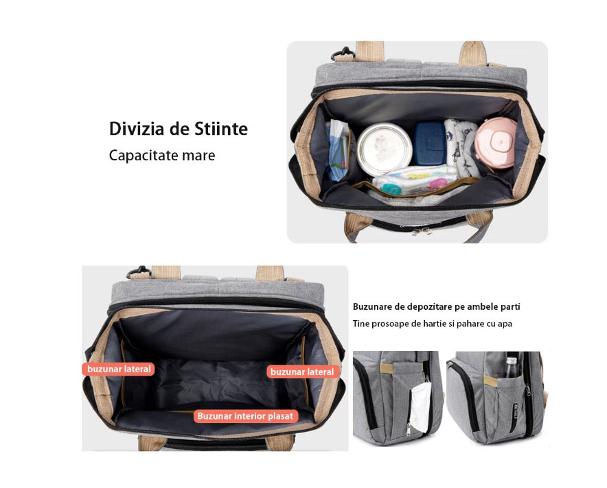 Rucsac 3-in-1 pentru bebelusi, cu spatiu pentru schimbat scutece pliabil integrat, At Performance, impermeabila, 39x30x18cm, Gri - Genti bebelusi - atMag.ro