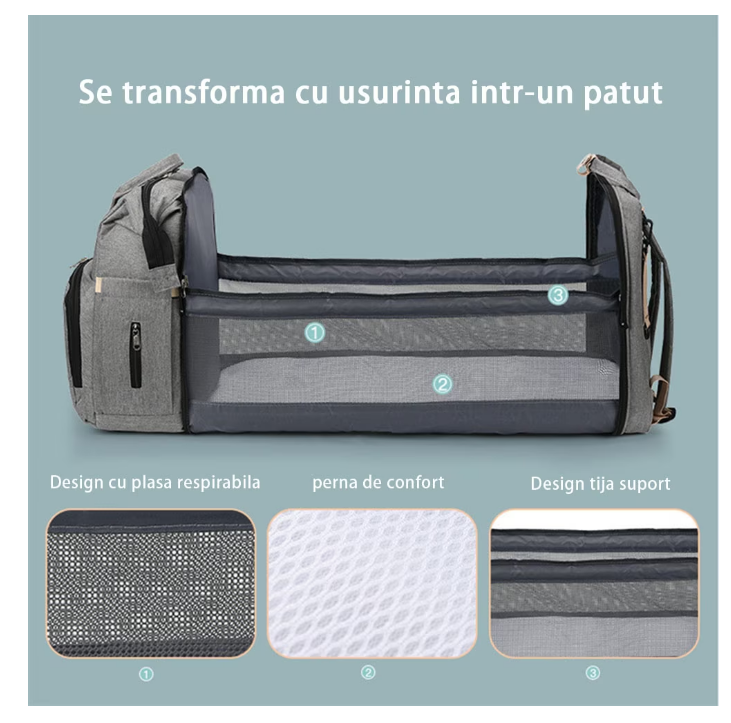 Rucsac 3-in-1 pentru bebelusi, cu spatiu pentru schimbat scutece pliabil integrat, At Performance, impermeabila, 39x30x18cm, Gri - Genti bebelusi - atMag.ro