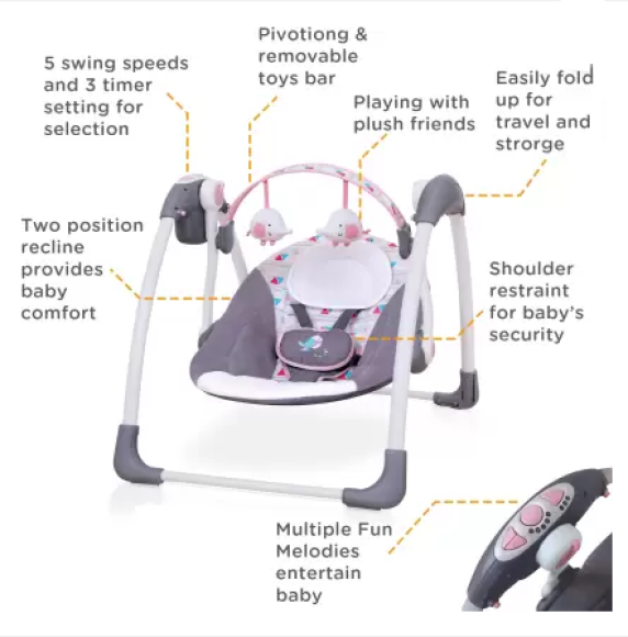 Leagan Electric pentru bebelusi, At Performance, Cu 7 melodii, 3 sunete naturale, 2 pozitii de reglare scaun, Roz - Balansoare, leagane si hamace bebelusi - atMag.ro