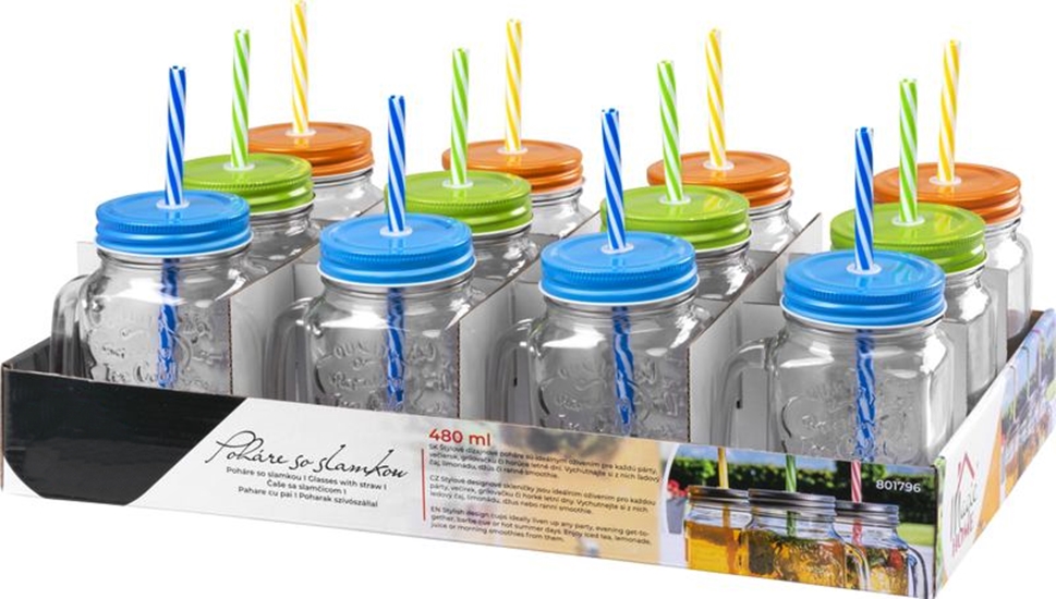 Carafe si decantoare - Set 12 bucati pahare sticla cu pai si capac pentru servire bauturi, capacitate 480ml