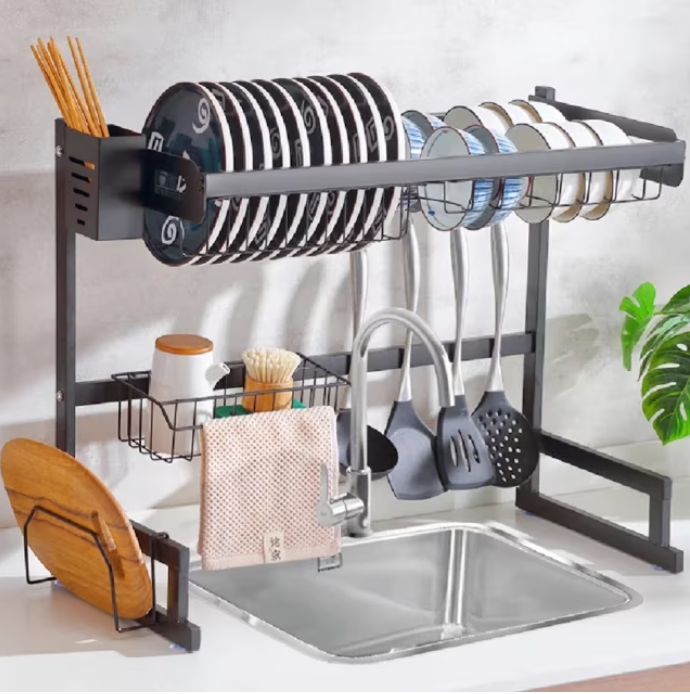 Suport de vesela, pentru chiuveta, At Performance, cu suport de tacamuri, 85x31.6x50 cm, Negru - Organizare si depozitare - atMag.ro