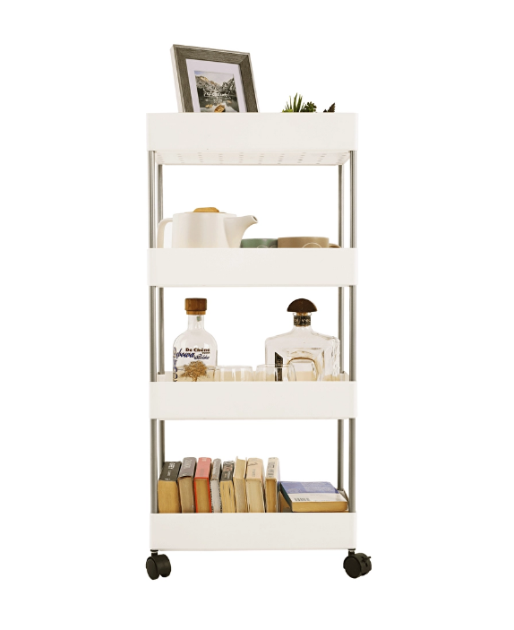 Suport Depozitare cu 4 rafturi si roti, At Performance, pentru baie, bucatarie, camera, hol, 87 x 40 x 13 cm, 4 carlige, Alb - Mobila Hol - atMag.ro