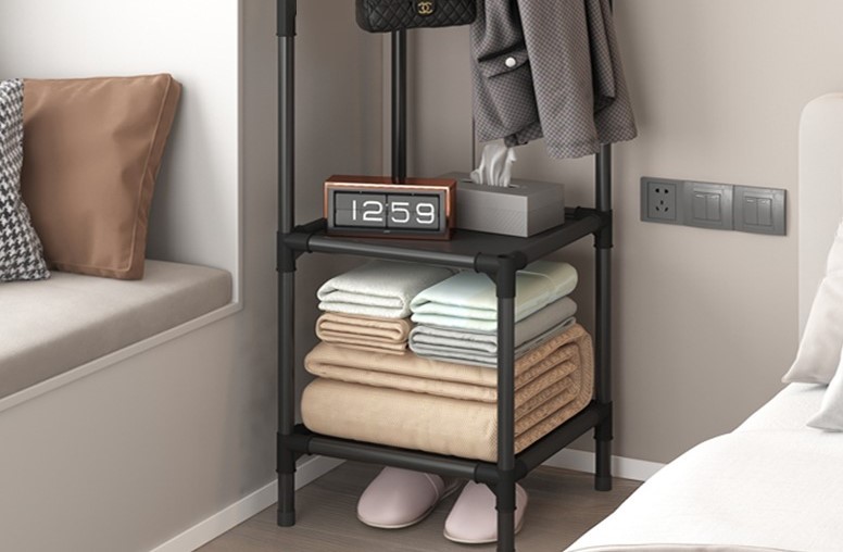 Cuier metalic de colt, At performance, 2 rafturi din material, pentru organizare, 2 manere de agatat, negru - Cuiere - atMag.ro