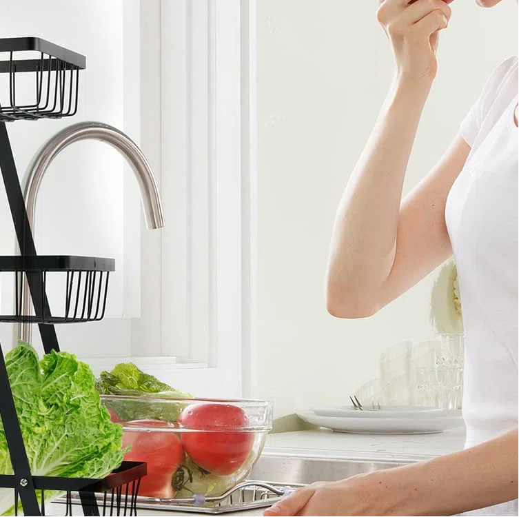 Suport de alimente, cu 3 niveluri, At Performance, pentru fructe, paine, legume, 22- 31.5- 40.5cm cosuri, negru - Bucatarie si Servire - atMag.ro