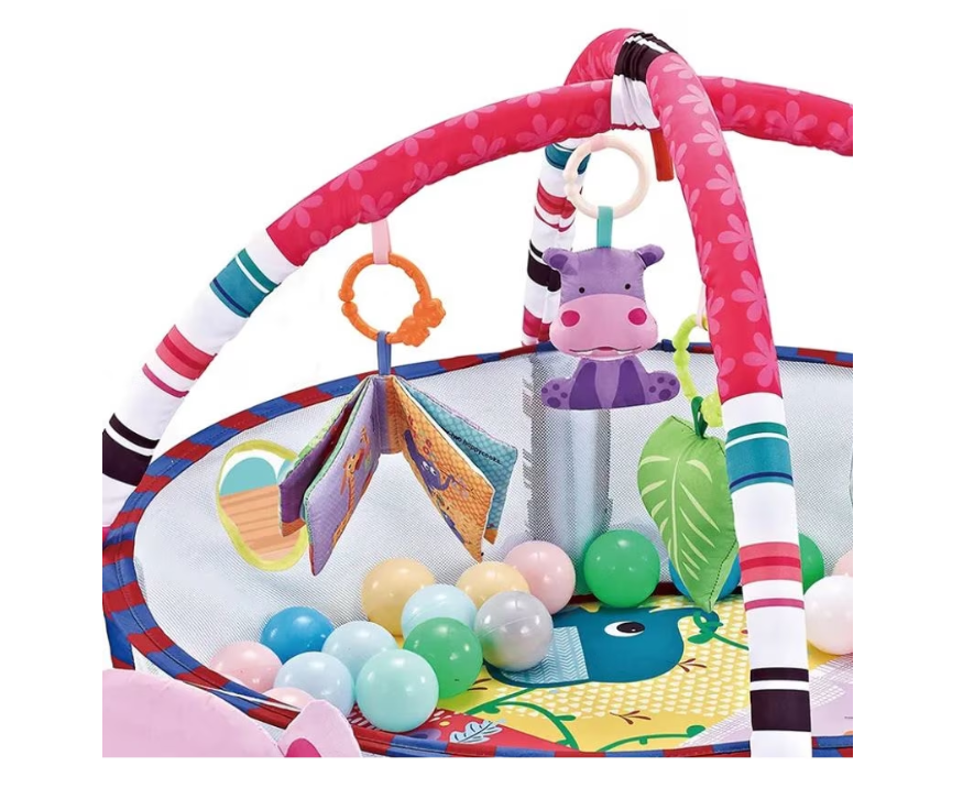 Centru de activitati multifunctional interactiv pentru copii si bebelusi, At Performance, 3 in 1 tip tarc, cu Bile moi multicolore si Jucarii interactive, Hippo Roz, 0 luni + - Centre de activitati bebelusi - atMag.ro
