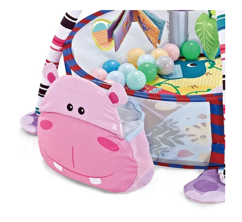 Centru de activitati multifunctional interactiv pentru copii si bebelusi, At Performance, 3 in 1 tip tarc, cu Bile moi multicolore si Jucarii interactive, Hippo Roz, 0 luni + - Centre de activitati bebelusi - atMag.ro