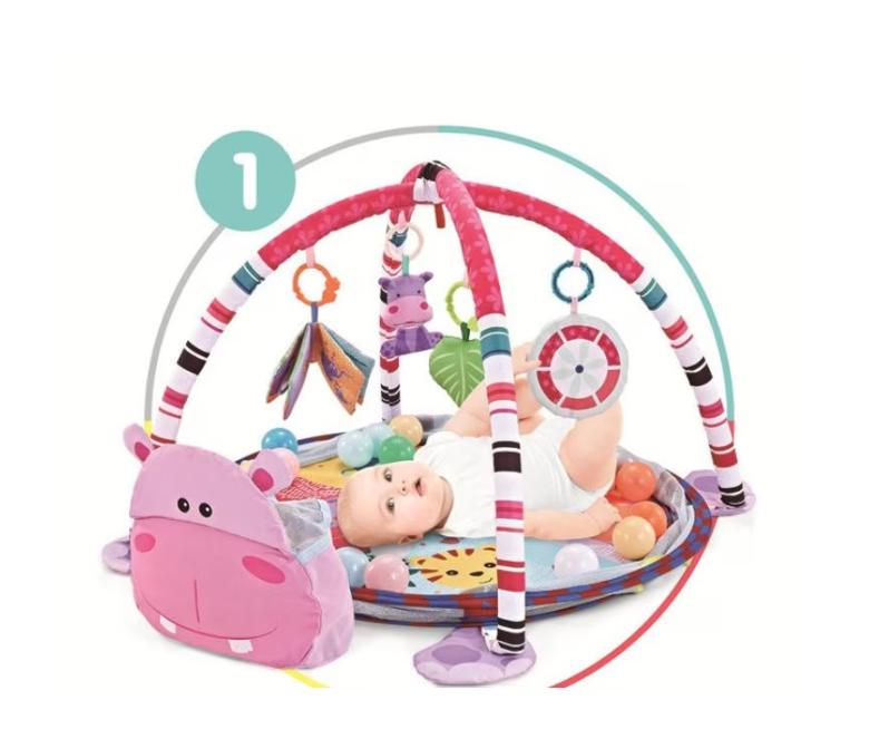 Centru de activitati multifunctional interactiv pentru copii si bebelusi, At Performance, 3 in 1 tip tarc, cu Bile moi multicolore si Jucarii interactive, Hippo Roz, 0 luni + - Centre de activitati bebelusi - atMag.ro