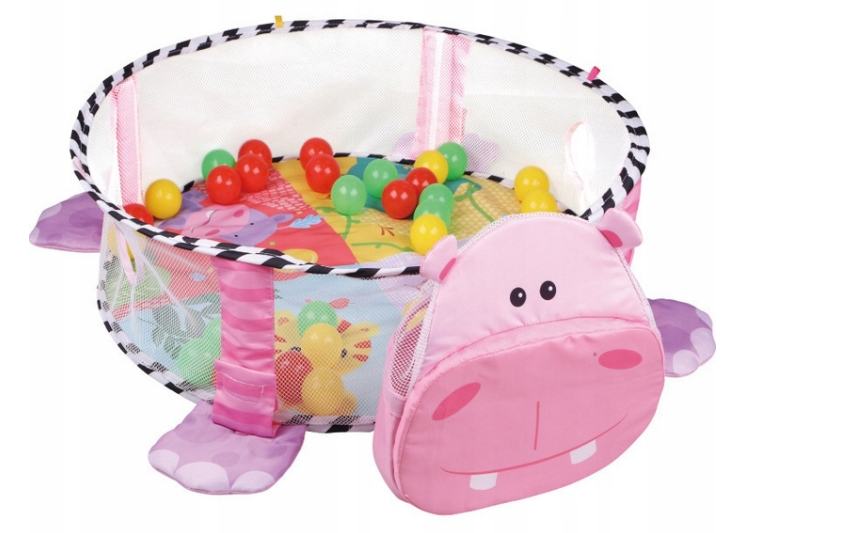 Centru de activitati multifunctional interactiv pentru copii si bebelusi, At Performance, 3 in 1 tip tarc, cu Bile moi multicolore si Jucarii interactive, Hippo Roz, 0 luni + - Centre de activitati bebelusi - atMag.ro