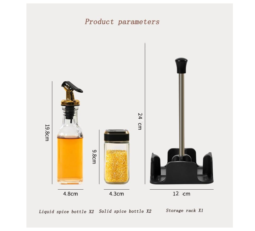 Set 4 piese Oliviera sticla, At Performance, cu suport, pentru sare, piper, ulei, otet, Negru/ Auriu - Rasnite si dozatoare condimente - atMag.ro