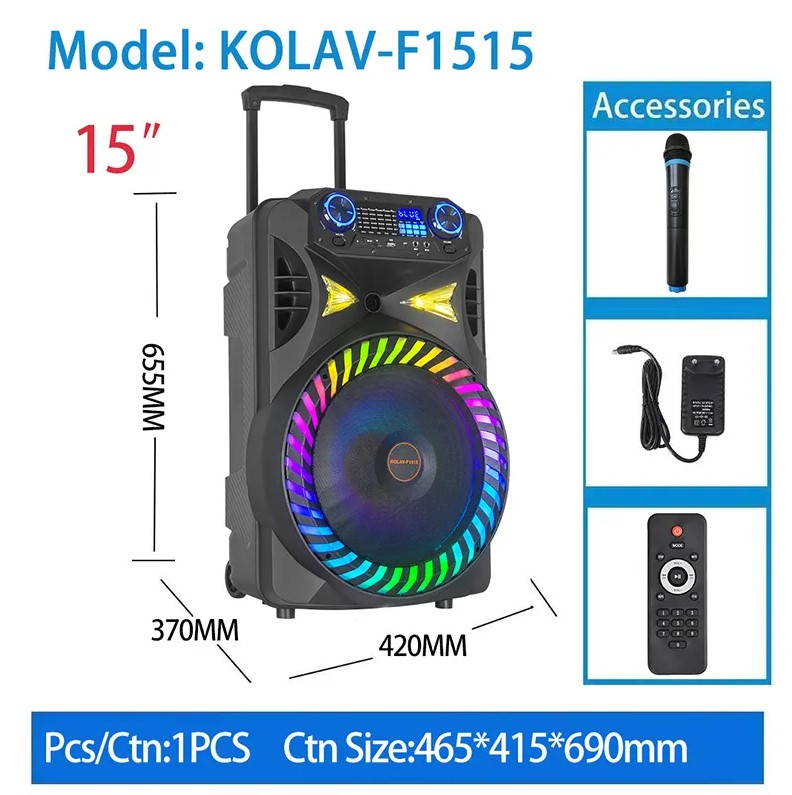 Boxa portabila 15 Inch, Bluetooth Kolav - F1515, Tip troler, USB, Radio FM, Microfon, Telecomanda, joc de lumin RGB, 300w, Maner Transport - Boxe portabile - atMag.ro