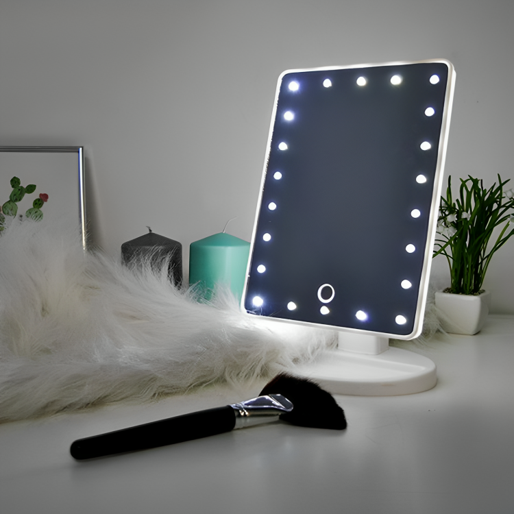 Oglinda Cosmetica AT PERFORMANCE® cu Iluminare LED, include 22 de Led-uri Puternice, Functie pentru Reglarea Intensitatii luminii, Reglarea inclinarii Oglinzii pana la 180°, Alimentare pe baterii sau la Retea, Baza Stabila. - Oglinzi cosmetice - atMag.ro