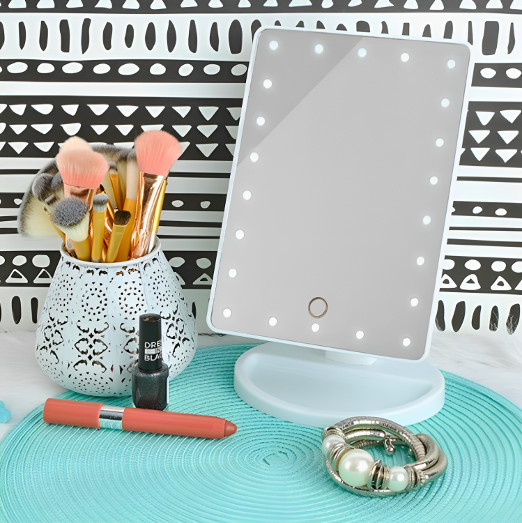 Oglinda Cosmetica AT PERFORMANCE® cu Iluminare LED, include 22 de Led-uri Puternice, Functie pentru Reglarea Intensitatii luminii, Reglarea inclinarii Oglinzii pana la 180°, Alimentare pe baterii sau la Retea, Baza Stabila. - Oglinzi cosmetice - atMag.ro