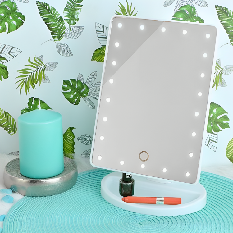 Oglinda Cosmetica AT PERFORMANCE® cu Iluminare LED, include 22 de Led-uri Puternice, Functie pentru Reglarea Intensitatii luminii, Reglarea inclinarii Oglinzii pana la 180°, Alimentare pe baterii sau la Retea, Baza Stabila. - Oglinzi cosmetice - atMag.ro